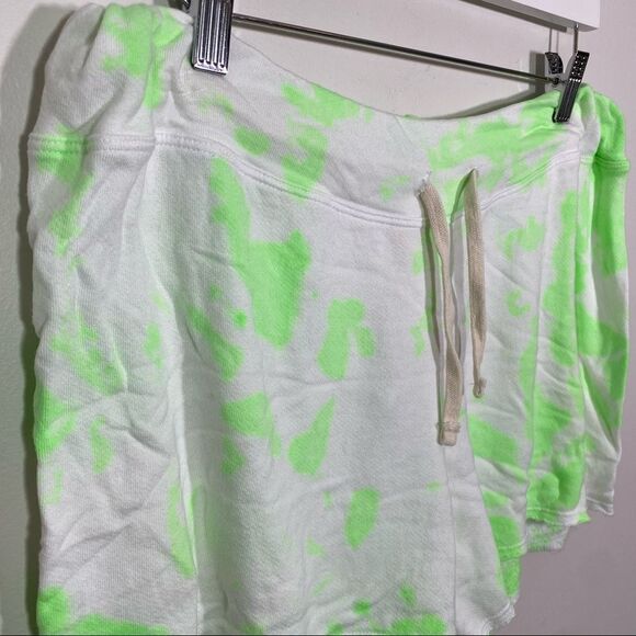 ANTHROPOLOGIE Sundry White and Neon Green Cotton Athletic Sweatshorts - Picture 2 of 7
